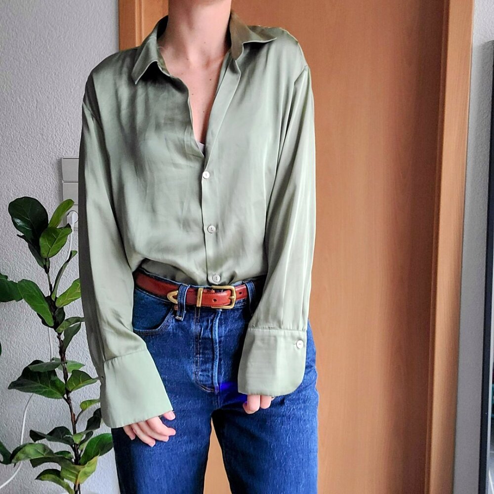 Zara Sage Green Satin Button Down Long Sleeve Shirt Size Small - Picture 4 of 15